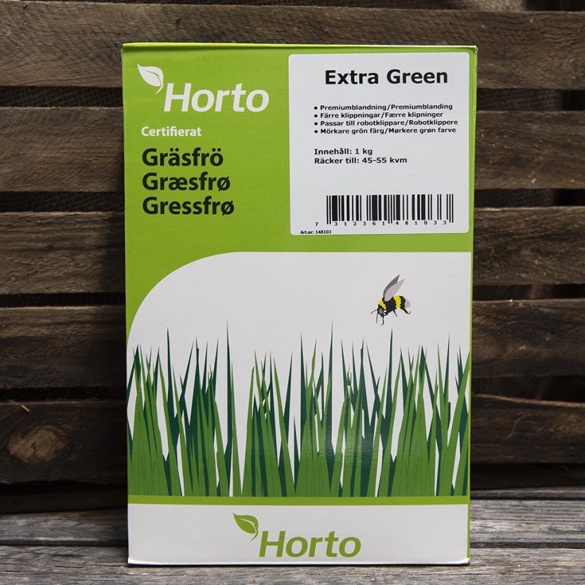 Gräsmatta Extra Green 1 kg, långsamväxande blandning, ger en mörkgrön gräsmatta
