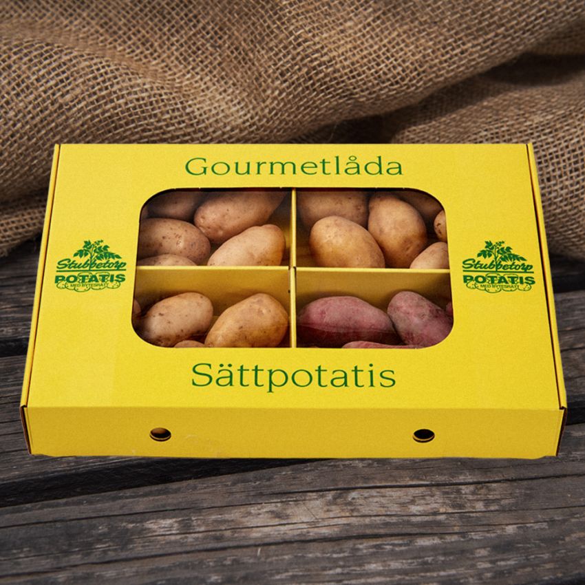 Sättpotatis ''Gourmetlådan'',  blandning av tidig och lagringsduglig potatis.