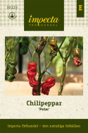 Chilipeppar 'Peter', gröna, skrynkliga frukter som mognar till rött.