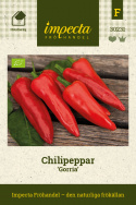 Chilipeppar ''Gorria'', Klarröda, släta, koniska frukter, ca 11-12 cm långa, med