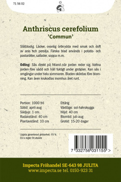 Dansk Körvel Commun fröpåse baksida Impecta