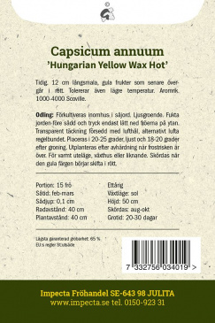 Chilipeppar 'Hungarian Yellow Wax Hot' fröpåse baksida Impecta
