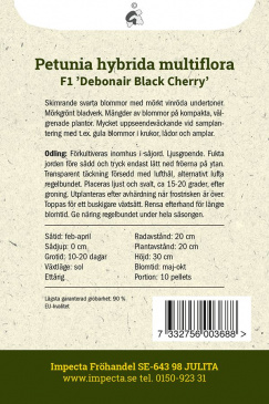Petunia F1 ''Debonair Black Cherry'' fröpåse baksida Impecta