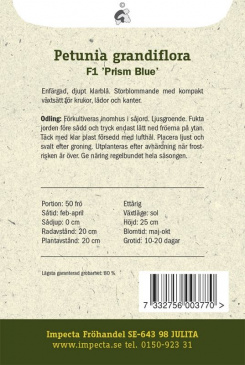 Petunia F1 Prism Blue fröpåse baksida Impecta