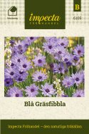 Blå Gräsfibbla Smala, lansettformade, 30 cm långa, ludna blad. Blålila blommor