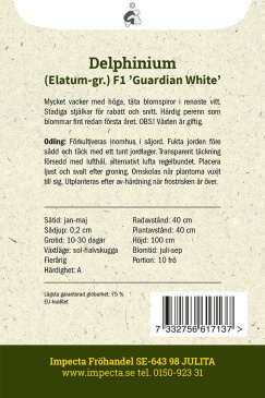 Trädgårdsriddarsporre F1 'Guardian White' fröpåse baksidan Impecta
