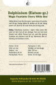 Trädgårdsriddarsporre Magic Fountains Cherry White Bee fröpåse baksida Impecta
