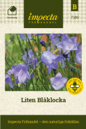 Liten Blåklocka, Hängande, klarblå klockblommor. Bladrosetter med rundade blad. 
