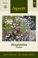 Hänglobelia 'Fountain', blommor i blå, rosa, lila och vita nyanser.