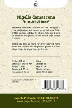 Jungfrun i det gröna 'Miss Jekyll Rose' fröpåse baksida Impecta