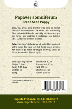 Enkel Vallmo 'Bread Seed  Poppy' fröpåse baksida Impecta