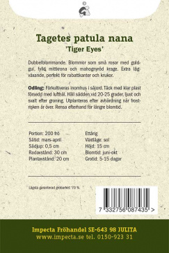 Sammetstagetes Tiger Eyes fröpåse baksida Impecta