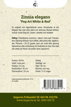Zinnia ''Pop Art White & Red'' fröpåse baksida Impecta
