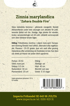 Marylandzinnia 'Zahara Double Fire' fröpåse baksida Impecta