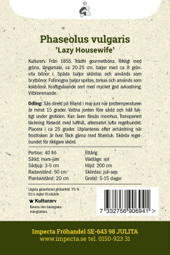 Störkokböna 'Lazy Housewife' fröpåse baksida Impecta