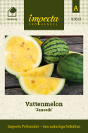 Vattenmelon 'Janosik', ovala frukter med mörka strimmor och solgult, mycket saftigt, krispigt och sött fruktkött.