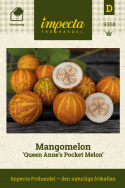 Mangomelon 'Queen Anne's Pocket Melon', Små, gulstrimmiga frukter.