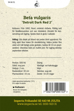 Rödbeta 'Detroit Dark Red 2' Impecta Fröpåse odlingsanvisningar