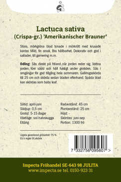 Plocksallat 'Amerikanischer Brauner' fröpåse baksida Impecta