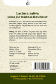 Plocksallat Black Seeded Simpson fröpåse baksida Impecta