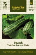 Squash 'Verte Non Coureuse d'Italie', Mörkgröna, långa frukter med ljusa strimmor och fast, vitt fruktkött.