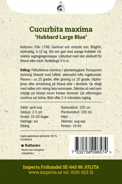 Vintersquash/Hubbardpumpa 'Hubbard Large Blue' fröpåse baksida Impecta