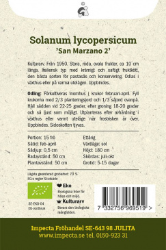 Plommontomat 'San Marzano 2' fröpåse baksida Impecta