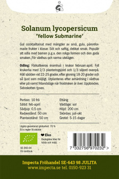 Pärontomat  'Yellow Submarine' fröpåse baksida Impecta