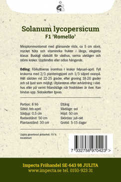 Plommontomat F1 'Romello' fröpåse baksida Impecta