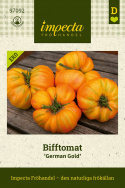 Bifftomat ''German Gold'', Mycket stora, gyllengula tomater med röd marmorering.