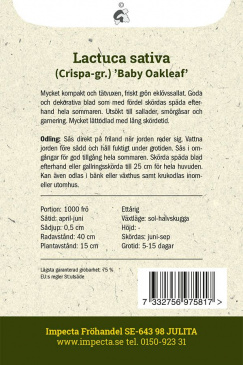  Miniplocksallat 'Baby Oakleaf' fröpåse baksida Impecta