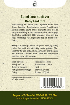 Miniplocksallat Baby Leaf 'Gourmet fröpåse baksida  Impecta
