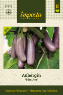 Aubergin 'Slim Jim', vitt fruktkött med fin smak, helt bitterfri. Rikgivande sort för bädd eller krukor på varma, skyddade lägen.